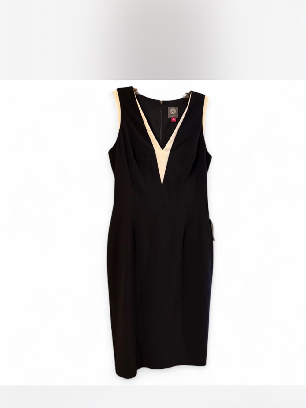 Vince Camuto Black Midi Sheath Dress with White V-Inset